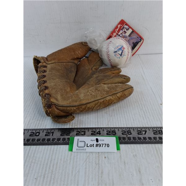 Vintage Leather Ball Glove & Unused Toronto Blue Jays Baseball w/Kelly Gruber Card