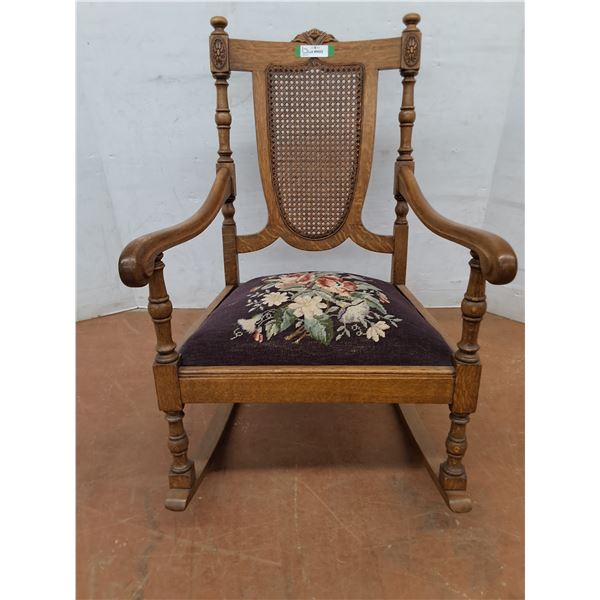 * Vintage Oak "Cane-Back" Rocking Chair w/Cushioned Seat - 32" Runners, 37" High Back - Cannot Ship