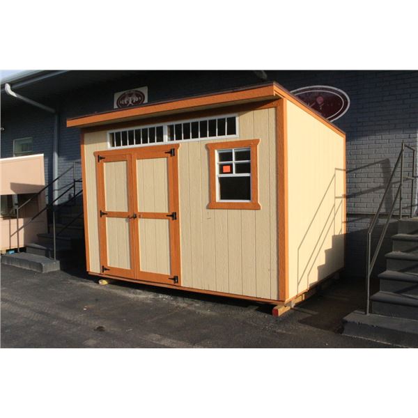 Beige w/Orange Trim  8'  X  12'  X  9'  Skid Mount Storage Shed w/Double