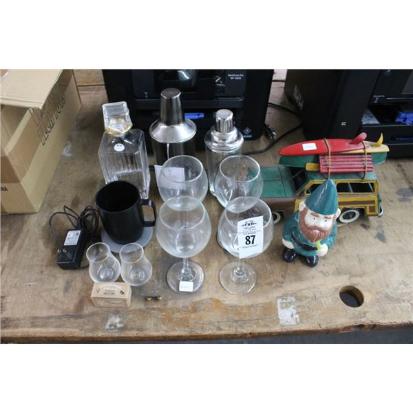 Woody Surf Car Model, St. Patty Gnome, Glassware, Liquor Shakers