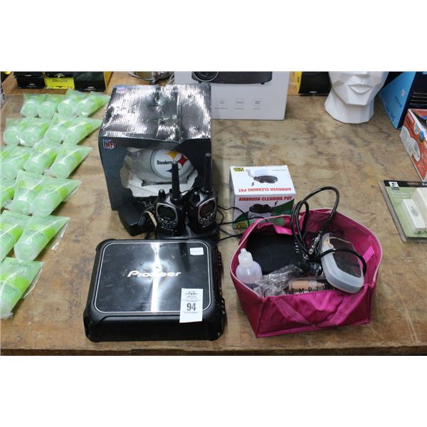 Pittsburgh Steelers Piggy Bank, Pioneer Amp, Airbrush Cleaner, Walkie Talkies, Makeup