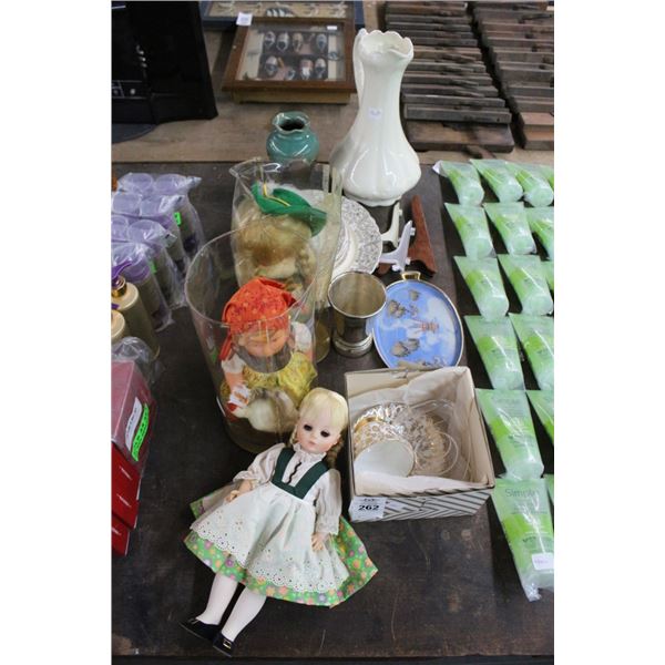 Collector Doll, Pitcher, Glazed Vase, China Dishes Décor