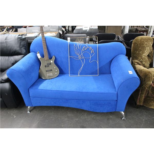 Contemporary Blue Cloth Chrome Foot Love Seat