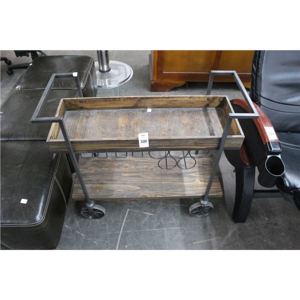 Steel Wheel/Wood Trim Wine Cart w/Bottle/Stem Racks