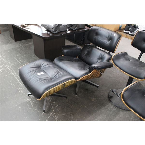 Contemporary Wood Base w/Tufted Leather Easy Chair w/Ottoman