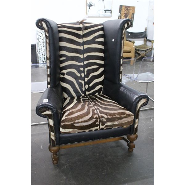 Brown Leather w/Zebra Trim Wingback Armchair