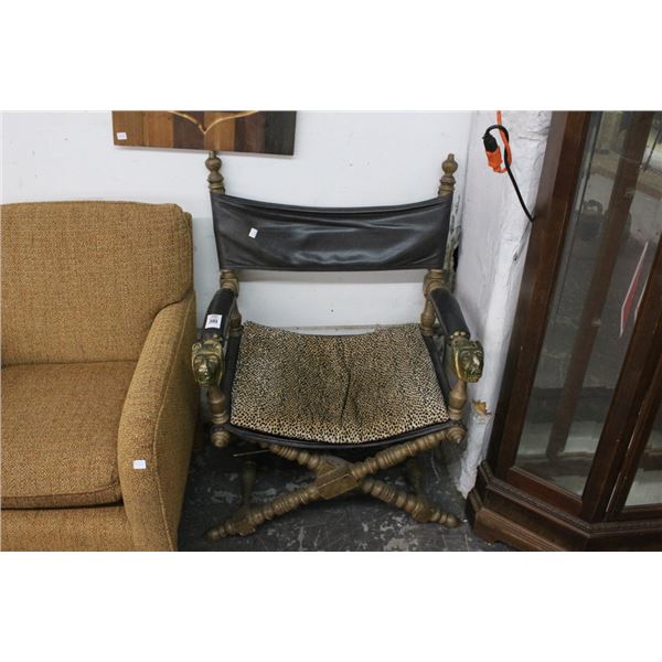 Lion Figural Leather Back Directors Chair