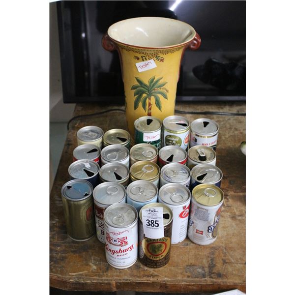 Vintage Collector Beer Cans, Palm Motif Vase