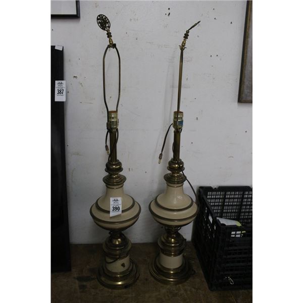 Tan w/Brass Trim Lamps - Pair - No Shades