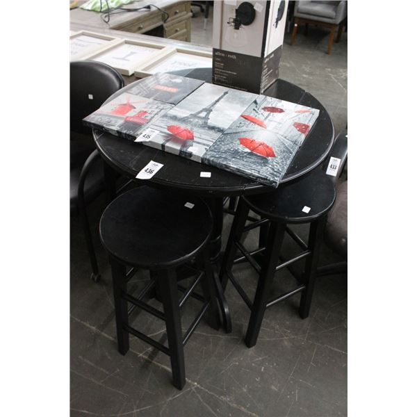 Black Round Drop Leaf High Bar Table w/4 Stools