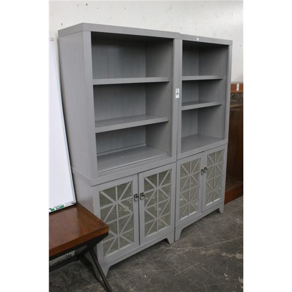 Gray w/Mirrored Doors Cabinet Bookshelf - Pair