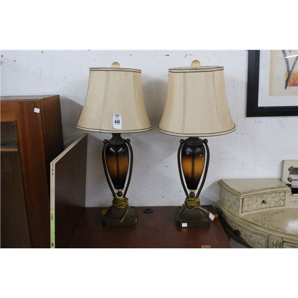 Brown Glass Lamps - Pair - Some Damage