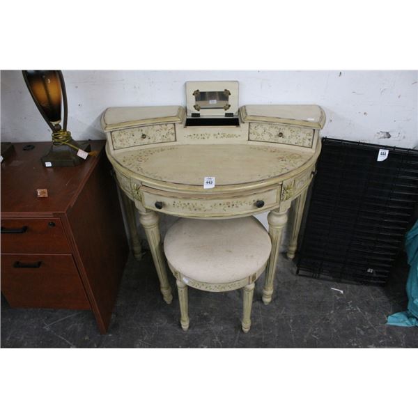 Distressed Floral Painted Vanity Cabinet w/Stool