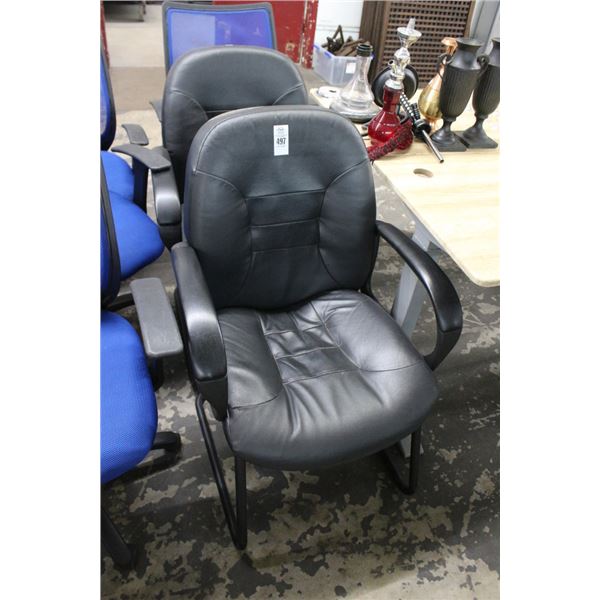 Black Leather Side Armchairs - Pair