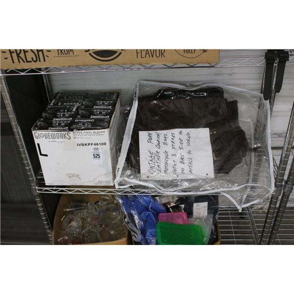 Vintage Leather Motorcycle Bags, Black Vinyl Gloves