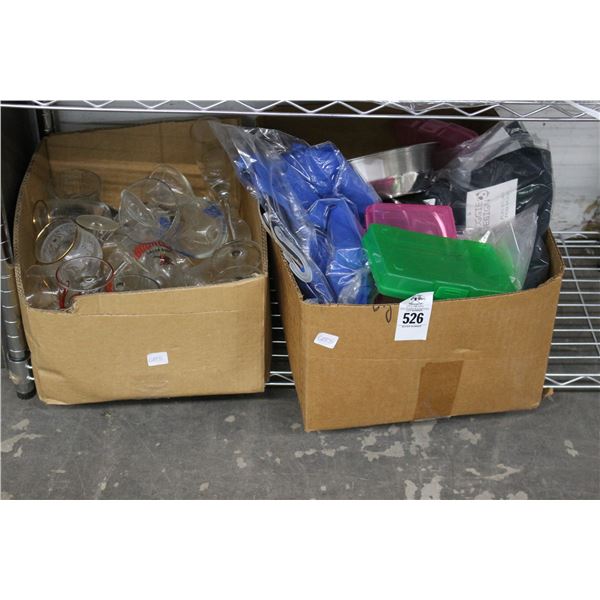 Dog Bowls, Plastic Totes, Glassware - 2 Boxes