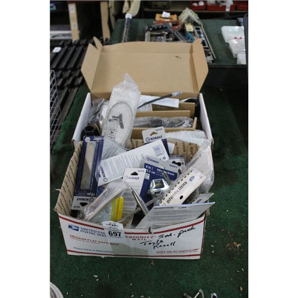 Asst. Hand Tools, Razor Blades, Supplies, New Bath Faucet