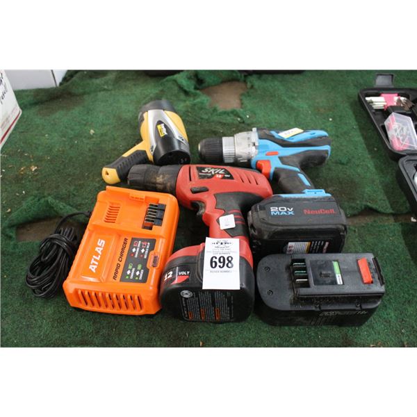 Cordless Drills 2 w/3 Batteries, Flashlight