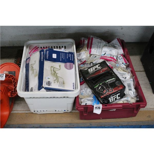 Bins 2 w/Asst. Clamps, Gloves, Bath Faucet, Plumbing Hardware