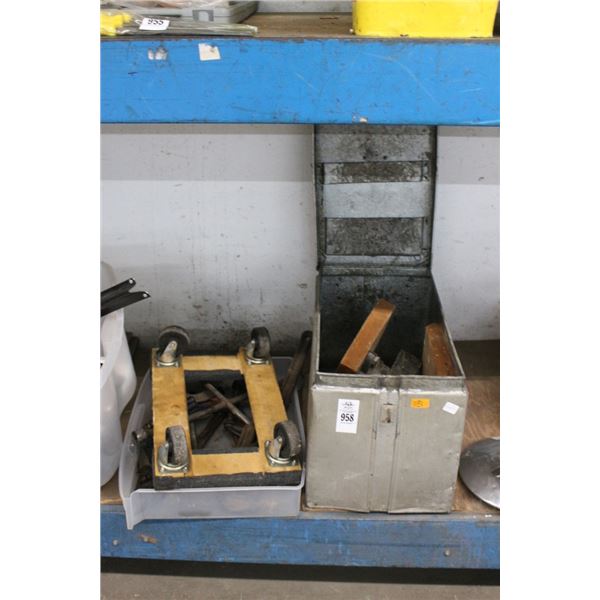 Metal Bucket w/Bench Vise, Moving Dolly, Star Wrench, Pipe Wrenches