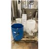 Image 1 : PALLET OF MIXED ITEMS INCL GLASS CARBOY, CUTOFF BARRELS, BUCKETS AND MORE