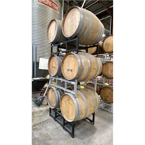 SET OF 3 CELLAR-TEK BARREL STANDS WITH (6) WOODEN BARRELS