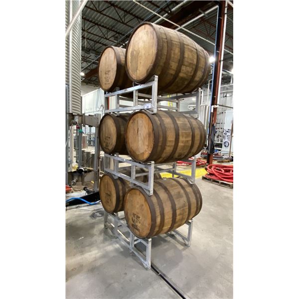 SET OF 3 CELLAR-TEK BARREL STANDS WITH (6) WOODEN BARRELS