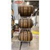 Image 4 : SET OF 3 CELLAR-TEK BARREL STANDS WITH (6) WOODEN BARRELS