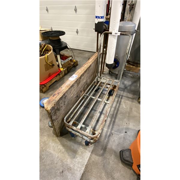 GREY METAL 4 WHEEL MATERIAL CART AND WOODEN 4 WHEEL PLATFORM DOLLY