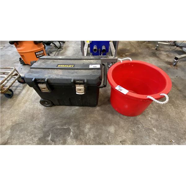 STANLEY MOBILE ROLLING TOOL CHEST AND RED PLASTIC UTILITY TUB