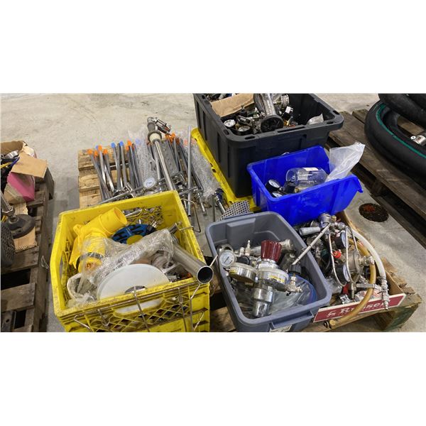 PALLET OF ASSORTED BREW EQUIPMENT INCL GAUGES, CLAMPS, STANDS, ATTACHMENTS AND MORE