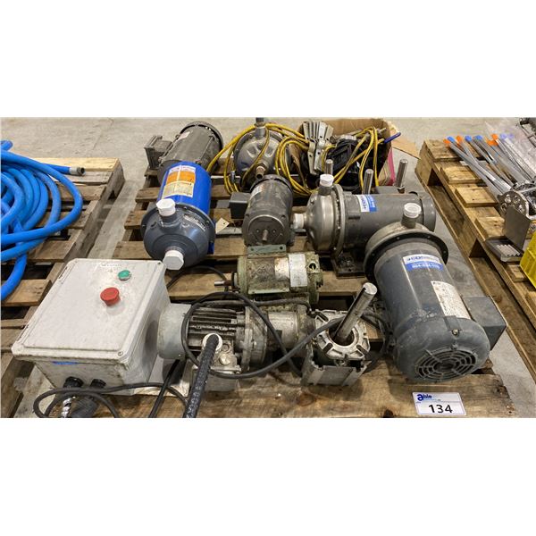PALLET OF ASSORTED ITEMS INCL PUMPS, MOTOR, ELECTRICAL PANEL AND MORE