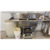 Image 3 : COMMERCIAL 3-PART COMPARTMENT SINK, 5-TIER WIRE SHELVE, PLASTIC DRUM WITH SS VALVE AND MORE