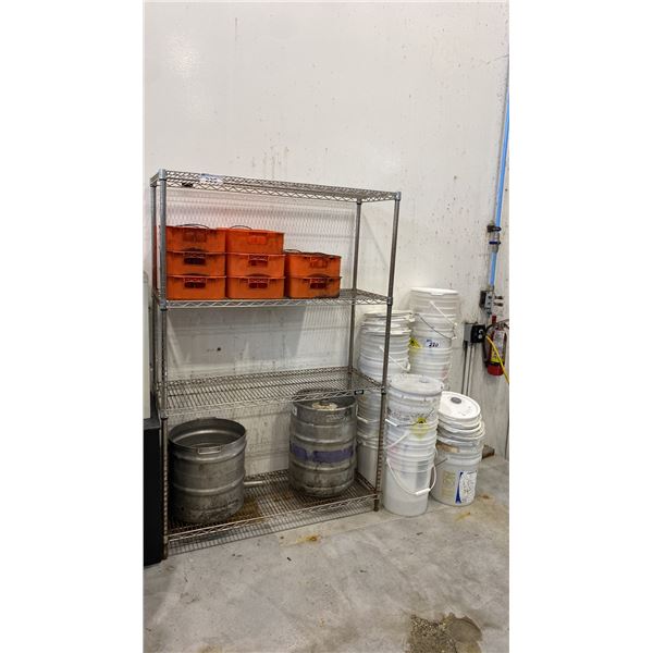 UNLINE 4 TIER METAL SHELF UNIT AND CONTENTS - PIC-A-POP PLASTIC TRAYS, BUCKETS