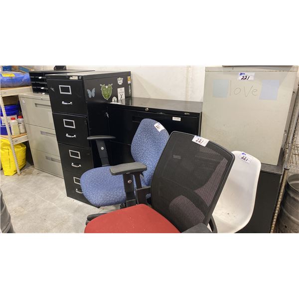 LARGE GROUP OF OFFICE FILING CABINETS, CHAIRS AND ORGANIZERS