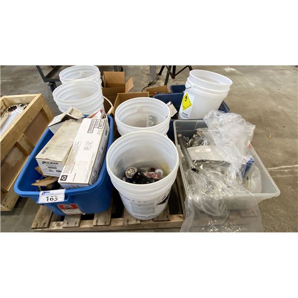 PALLET OF MIXED ITEMS INCL TRI-CLAMP FITTINGS, GAUGES, SHUTOFF VALVES, SANITARY FITTINGS AND MORE