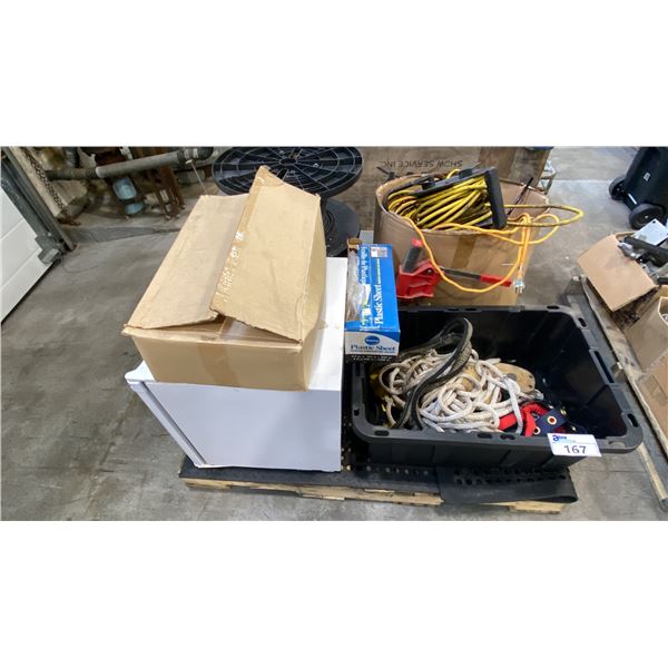 PALLET OF MIXED ITEMS INCL DANBY COMPACT FRIDGE, DOUBLE WOODEN BLOCK PULLEYS, LAGGING ROPES,