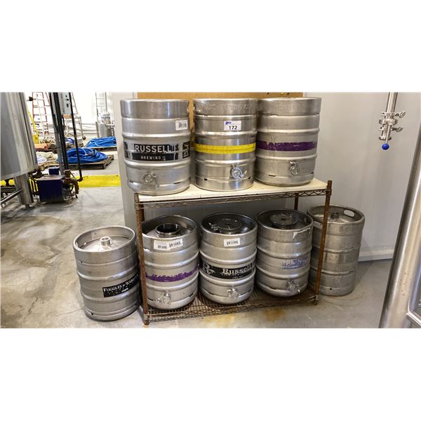 GROUP OF (6) MODIFIED 50 LITRE BEER KEGS, 2 REGULAR 50 LITRE BEER KEGS AND