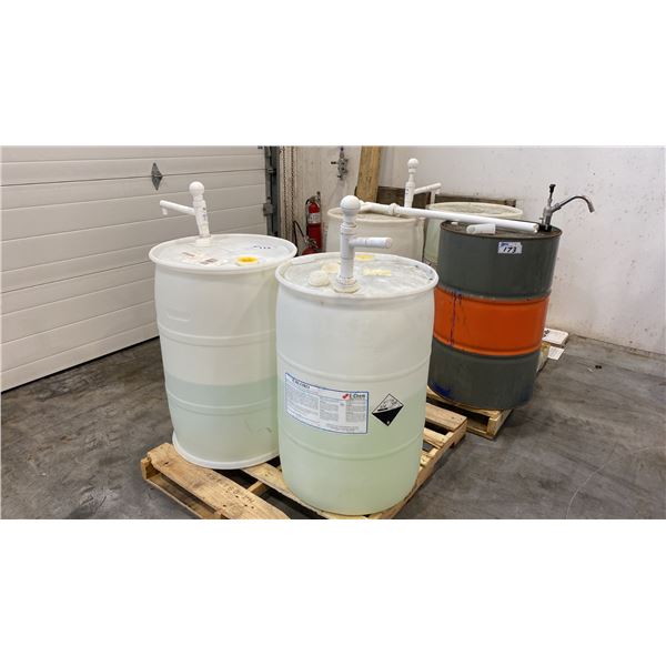 GROUP OF (5) BARRELS OF ASSORTED LIQUID CHEMICAL COMPOUNDS (VARIOUS AMOUNTS LEFT) -