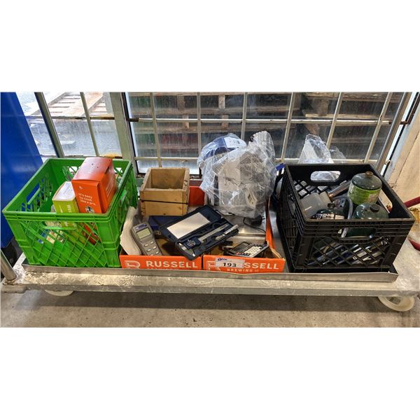 SHELF OF ASSORTED ITEMS- RED PIPE STAND, WEIGH SCALES, PROTECTIVE FACE SHIELDS, PRECISION