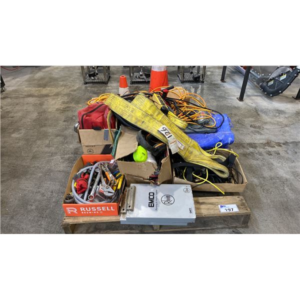 PALLET OF ASSORTED TOOLS, HARDWARE, SLINGS, EXTENSION CORDS, TARPS, TRAFFIC CONES AND MORE
