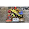 Image 1 : PALLET OF ASSORTED TOOLS, HARDWARE, SLINGS, EXTENSION CORDS, TARPS, TRAFFIC CONES AND MORE