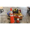 Image 2 : PALLET OF ASSORTED TOOLS, HARDWARE, SLINGS, EXTENSION CORDS, TARPS, TRAFFIC CONES AND MORE
