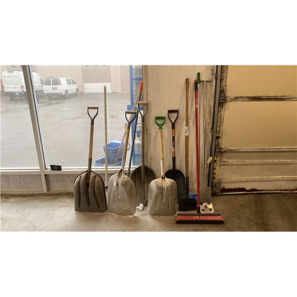 GROUP OF ASSORTED SHOVELS, BROOMS, ETC.