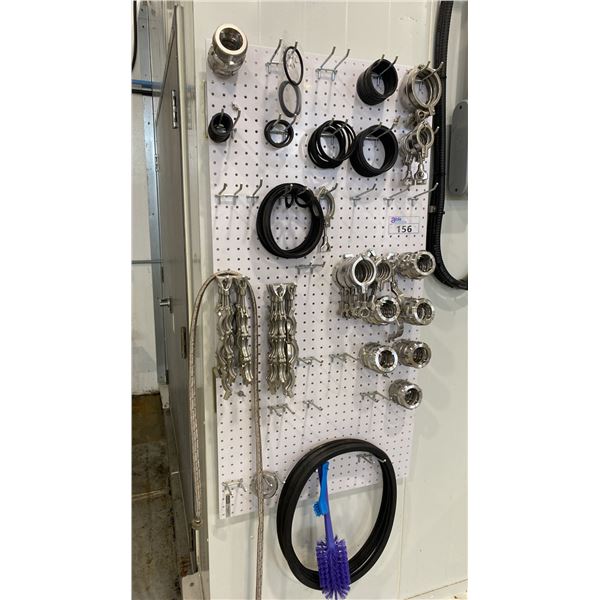 LARGE GROUP OF STAINLESS STEEL HOSE CLAMPS, PIPE CLAMPS AND GASKETS