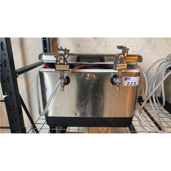 STAINLESS STEEL COLEMAN BEER COOLER - 2 TAP SYSTEM WITH COOLER COILS, GAUGES AND HOSE LINES