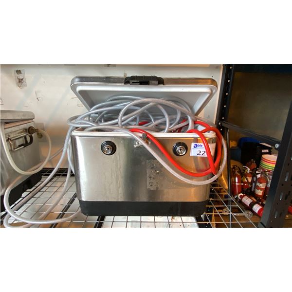 STAINLESS STEEL COLEMAN BEER COOLER - 2 TAP SYSTEM WITH COOLER COILS, GAUGES AND HOSE LINES