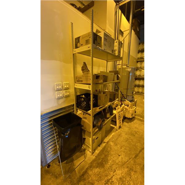 EZ RECK SHELVING UNIT AND CONTENTS - ASSORTED CLEANING SUPPLIES, MOP BUCKETS AND MORE