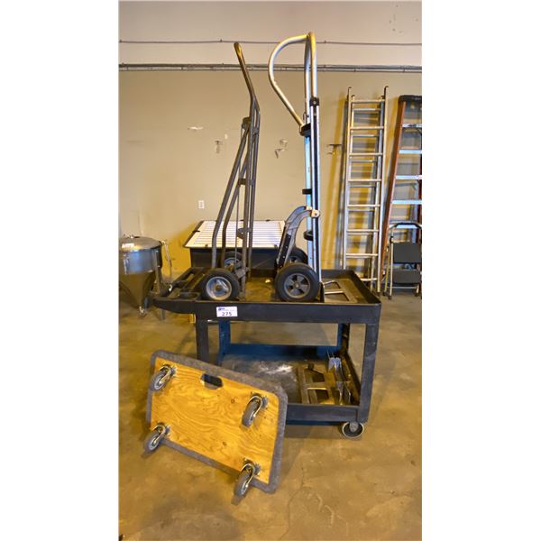 (2) HARD WHEEL HAND CART DOLLIES, (1) 4 WHEEL FLAT DOLLY AND (1) RUBBERMAID MOBILE WORK