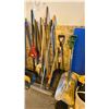 Image 6 : LARGE GROUP OF ASSORTED SHOP ITEMS - LADDERS, SHOVELS, BROOMS, PILONS, LOAD LOCKS,